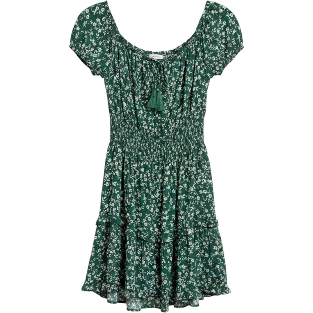 Justify Mini Dress Women XL Green White Floral Smocked Cap Sleeve Tassel Tie